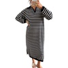 image:imagechouyatou Womens Fall Winter Striped Sweater Dress Casual Loose VNeck Collared Long Lounge DressBlack