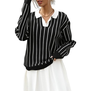 image:imagechouyatou Women 2025 Fall Polo Collar Pullover Striped Sweater Dressy Casual Chunky Knit Sweater Jumer TopBlack