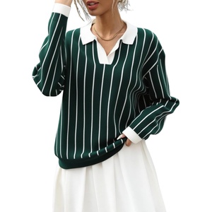 image:imagechouyatou Women 2025 Fall Polo Collar Pullover Striped Sweater Dressy Casual Chunky Knit Sweater Jumer TopGreen