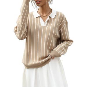 image:imagechouyatou Women 2025 Fall Polo Collar Pullover Striped Sweater Dressy Casual Chunky Knit Sweater Jumer TopKhaki
