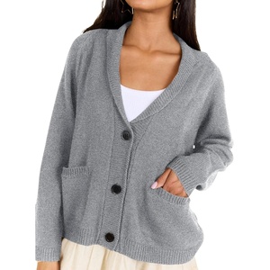 image:imagechouyatou Women Fall Flag Back Shaw Collar Knit Cardigan Sweater Casual Open Front Cardigan with PocketsGrey
