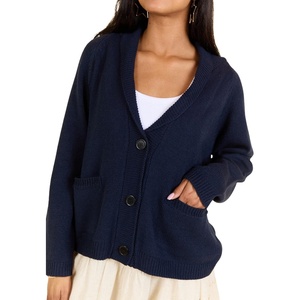 image:imagechouyatou Women Fall Flag Back Shaw Collar Knit Cardigan Sweater Casual Open Front Cardigan with PocketsNavy Blue