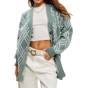 image:imagechouyatou Womens 2025 Fall Argyle Plaid Knitted Sweater Cardigan Cute VNeck Button Down Cardigan JacketGreyish Green