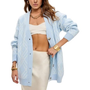 image:imagechouyatou Womens 2025 Fall Argyle Plaid Knitted Sweater Cardigan Cute VNeck Button Down Cardigan JacketLight Blue