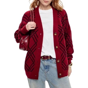 image:imagechouyatou Womens 2025 Fall Argyle Plaid Knitted Sweater Cardigan Cute VNeck Button Down Cardigan JacketWine Red