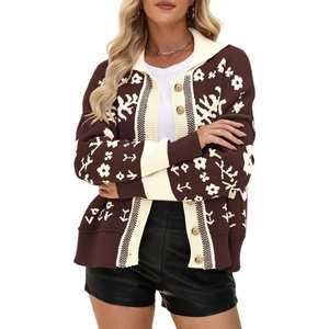 image:imagechouyatou Womens Color Block Floral Cardigans Vintage Lapel Collar Button Down Knit Cardigan Sweater Outerwear CoatCoffee Brown