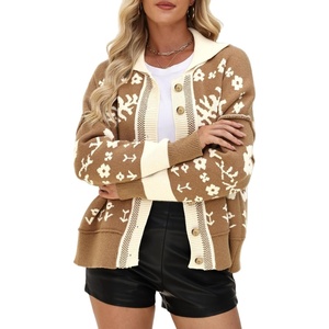 image:imagechouyatou Womens Color Block Floral Cardigans Vintage Lapel Collar Button Down Knit Cardigan Sweater Outerwear CoatKhaki