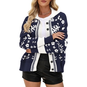 image:imagechouyatou Womens Color Block Floral Cardigans Vintage Lapel Collar Button Down Knit Cardigan Sweater Outerwear CoatNavy Blue