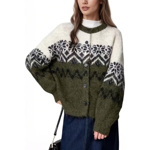 image:imagechouyatou Womens Fall Loose Snowflower Cardigan Sweater Fluffy Button Down Crewneck Preppy Knit Cardigan JacketArmy Green