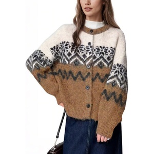 image:imagechouyatou Womens Fall Loose Snowflower Cardigan Sweater Fluffy Button Down Crewneck Preppy Knit Cardigan JacketCamel
