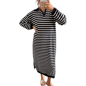 image:imagechouyatou Womens Fall Winter Striped Sweater Dress Casual Loose VNeck Collared Long Lounge DressBlack