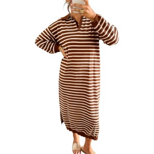 image:imagechouyatou Womens Fall Winter Striped Sweater Dress Casual Loose VNeck Collared Long Lounge DressBrown