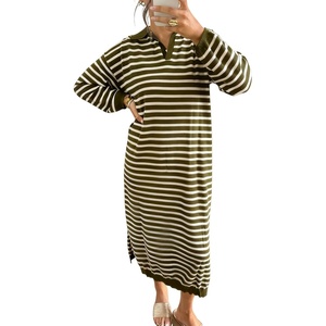 image:imagechouyatou Womens Fall Winter Striped Sweater Dress Casual Loose VNeck Collared Long Lounge DressGreen