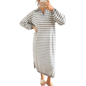 image:imagechouyatou Womens Fall Winter Striped Sweater Dress Casual Loose VNeck Collared Long Lounge DressGrey