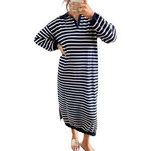 image:imagechouyatou Womens Fall Winter Striped Sweater Dress Casual Loose VNeck Collared Long Lounge DressNavy Blue