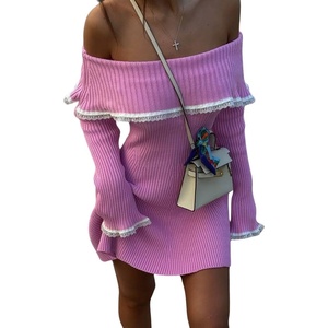 image:imagechouyatou Womens Off The Shoulder Bell Long Sleeve Sweater Mini Dress Lace Trim Bodycon Ribbed Knit Sweater DressPink