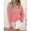 image:imagechouyatou Women 2025 Fall Striped Cardigan Sweaters Lightweight Cute Crewneck Button Down Cardigan JacketRed