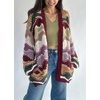 image:imagechouyatou Womens 2025 Fall Wavy Colorful Striped Cardigan Open Front Chunky Knit Sweater Jacket with PocketsBurgundy