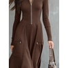 image:imagechouyatou Womens 2026 Winter Fall Dresses Long Sleeve Semi Formal ALine Rib Knit Midi Long Sweater DressCoffee