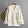 image:imagechouyatou Womens Boho Color Block Floral Cardigans Casual Button Down V Neck Knit Cardigan Sweater Outerwear CoatBeige White