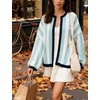 image:imagechouyatou Womens Color Block Striped Cardigan Open Front Loose Fit Cozy Knit Cardigan Sweater JacketGreen