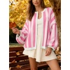 image:imagechouyatou Womens Color Block Striped Cardigan Open Front Loose Fit Cozy Knit Cardigan Sweater JacketPink