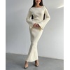 image:imagechouyatou Womens Crew Neck Ribbed Knit Maxi Dress Bell Long Sleeve Bodycon Sweater Long DressBeige