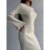 image:imagechouyatou Womens Crew Neck Ribbed Knit Maxi Dress Bell Long Sleeve Bodycon Sweater Long DressBeige