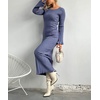 image:imagechouyatou Womens Crew Neck Ribbed Knit Maxi Dress Bell Long Sleeve Bodycon Sweater Long DressBlue