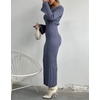 image:imagechouyatou Womens Crew Neck Ribbed Knit Maxi Dress Bell Long Sleeve Bodycon Sweater Long DressBlue