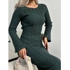 image:imagechouyatou Womens Crew Neck Ribbed Knit Maxi Dress Bell Long Sleeve Bodycon Sweater Long DressDark Green
