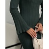 image:imagechouyatou Womens Crew Neck Ribbed Knit Maxi Dress Bell Long Sleeve Bodycon Sweater Long DressDark Green