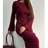 image:imagechouyatou Womens Crew Neck Ribbed Knit Maxi Dress Bell Long Sleeve Bodycon Sweater Long DressWine Red
