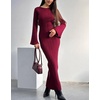 image:imagechouyatou Womens Crew Neck Ribbed Knit Maxi Dress Bell Long Sleeve Bodycon Sweater Long DressWine Red