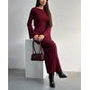 image:imagechouyatou Womens Crew Neck Ribbed Knit Maxi Dress Bell Long Sleeve Bodycon Sweater Long DressWine Red