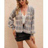 image:imagechouyatou Womens Fall Dressy Cardigan Sweater Plaid Fuzzy Open Front Knitted Cardigan TopLight Grey