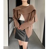 image:imagechouyatou Womens Open Front Ribbed Knit Asymmetrical Cardigans Slouchy Cape Cardigan Sweater with Attached ScarfBrown