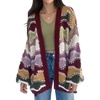 image:imagechouyatou Womens 2025 Fall Wavy Colorful Striped Cardigan Open Front Chunky Knit Sweater Jacket with PocketsBurgundy
