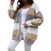 image:imagechouyatou Womens Color Block Striped Open Front Cardigan Preppy Casual Loose Knit Sweater CardiganKhaki