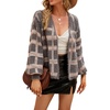 image:imagechouyatou Womens Fall Dressy Cardigan Sweater Plaid Fuzzy Open Front Knitted Cardigan TopDark Grey