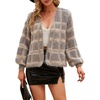 image:imagechouyatou Womens Fall Dressy Cardigan Sweater Plaid Fuzzy Open Front Knitted Cardigan TopLight Grey