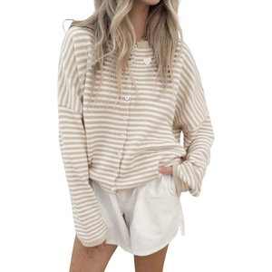 image:imagechouyatou Women 2025 Fall Striped Cardigan Sweaters Lightweight Cute Crewneck Button Down Cardigan JacketKhaki