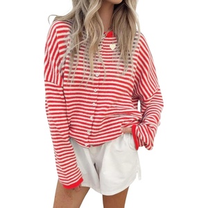image:imagechouyatou Women 2025 Fall Striped Cardigan Sweaters Lightweight Cute Crewneck Button Down Cardigan JacketRed
