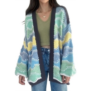 image:imagechouyatou Womens 2025 Fall Wavy Colorful Striped Cardigan Open Front Chunky Knit Sweater Jacket with PocketsBlue