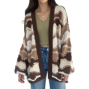 image:imagechouyatou Womens 2025 Fall Wavy Colorful Striped Cardigan Open Front Chunky Knit Sweater Jacket with PocketsBrown