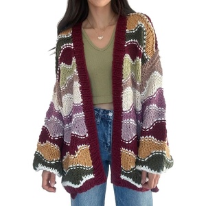 image:imagechouyatou Womens 2025 Fall Wavy Colorful Striped Cardigan Open Front Chunky Knit Sweater Jacket with PocketsBurgundy