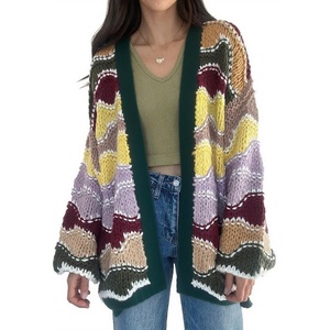 image:imagechouyatou Womens 2025 Fall Wavy Colorful Striped Cardigan Open Front Chunky Knit Sweater Jacket with PocketsGreen