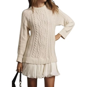 image:imagechouyatou Womens 2025 Fall Winter Cable Knit Pullover Sweater Dress Cute Chiffon Bottom Patchwork Mini Pleated DressBeige