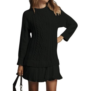 image:imagechouyatou Womens 2025 Fall Winter Cable Knit Pullover Sweater Dress Cute Chiffon Bottom Patchwork Mini Pleated DressBlack