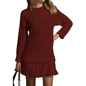 image:imagechouyatou Womens 2025 Fall Winter Cable Knit Pullover Sweater Dress Cute Chiffon Bottom Patchwork Mini Pleated DressBrick Red